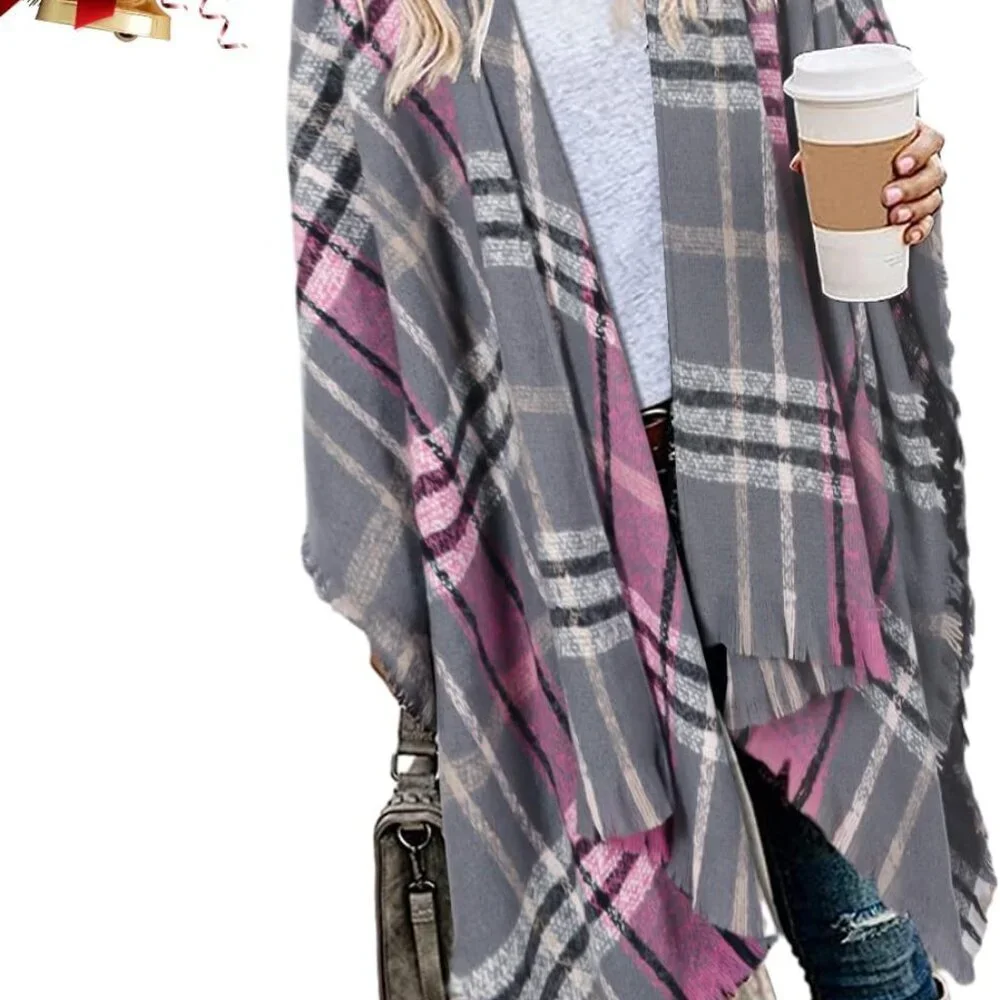 Women's Boho Open Front Poncho Knitted Plaid Shawl Wrap Cape Tassel Cardigan Swe